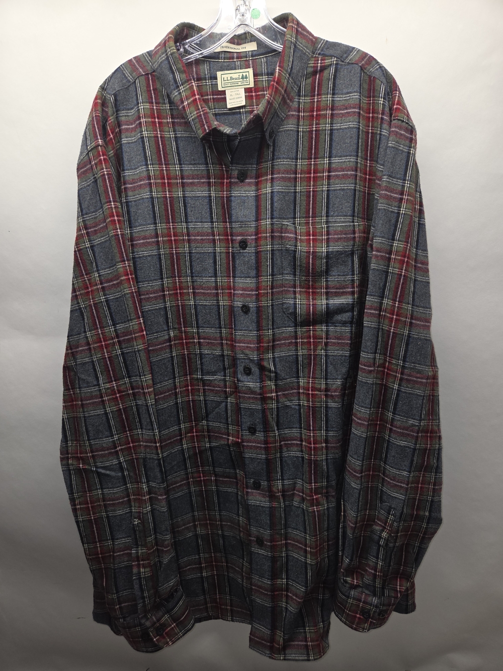 LL Bean Scotch Plaid Flannel Shirt Traditional Fit Grey Olive Red Mens XL